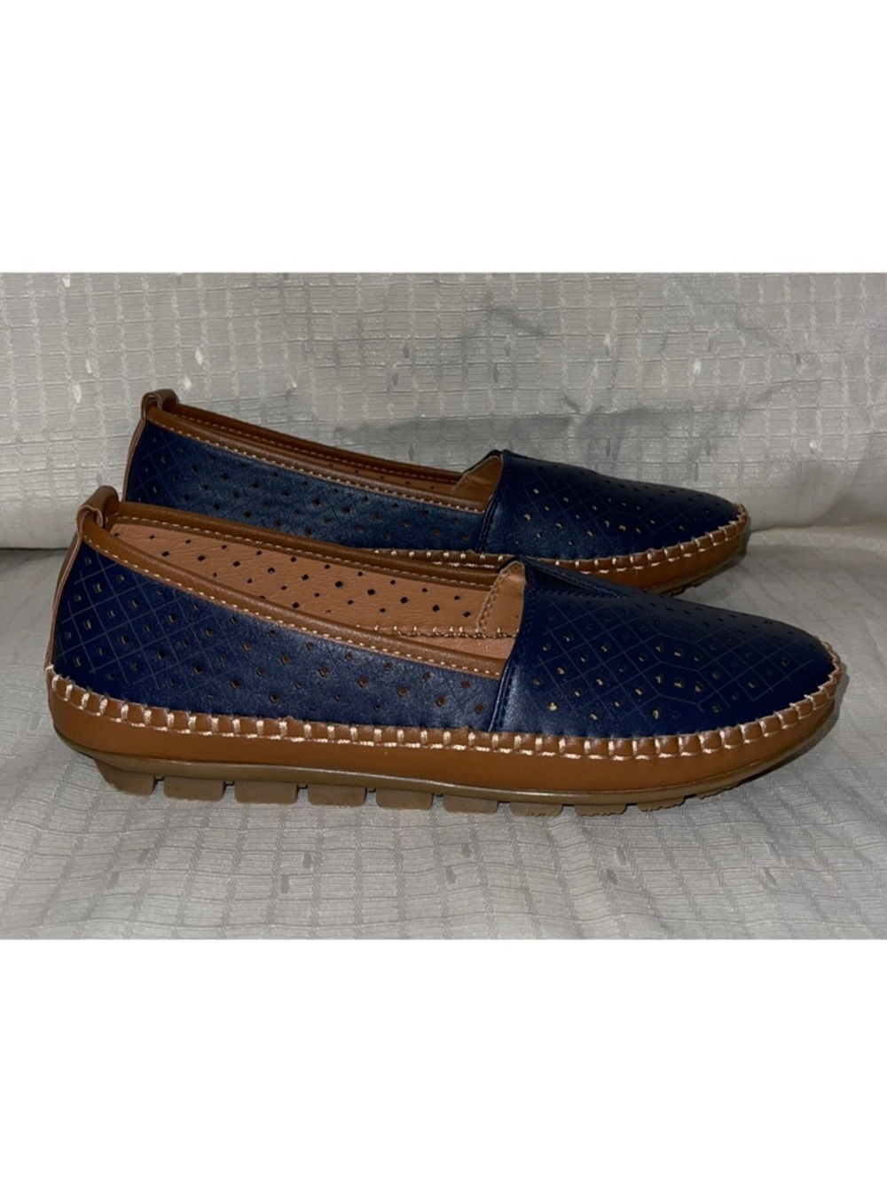 NWOT Navy Perforated Slip-On Loafers with Brown Trim